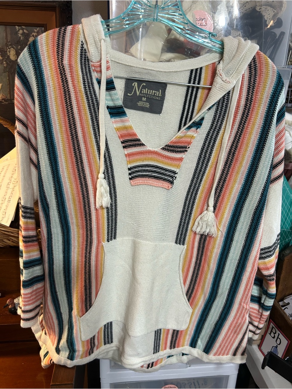 Natural Reflections Cream Hooded Striped Tassel Pullover